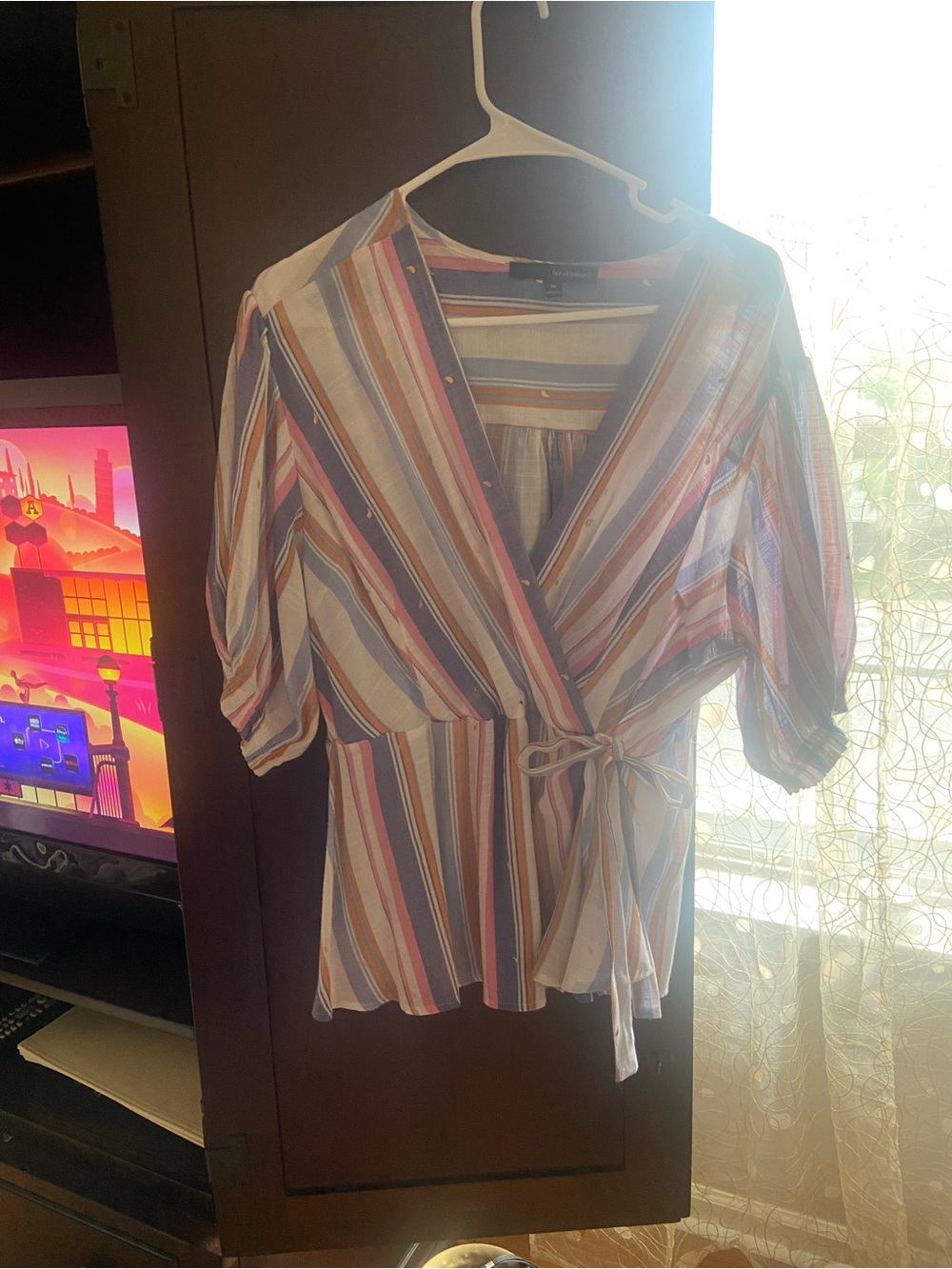 Harve Benard Multi-Striped Wrap Blouse in White, Blue, Pink and Tan